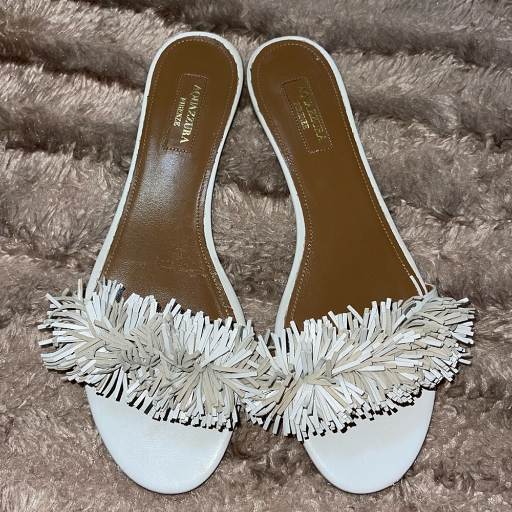 AQUAZZURA
Wild Thing Fringed Slide Sandal, White Size 8